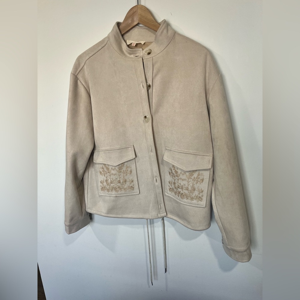 Solitaire Beige Faux Suede Jacket with Floral Embroidery
